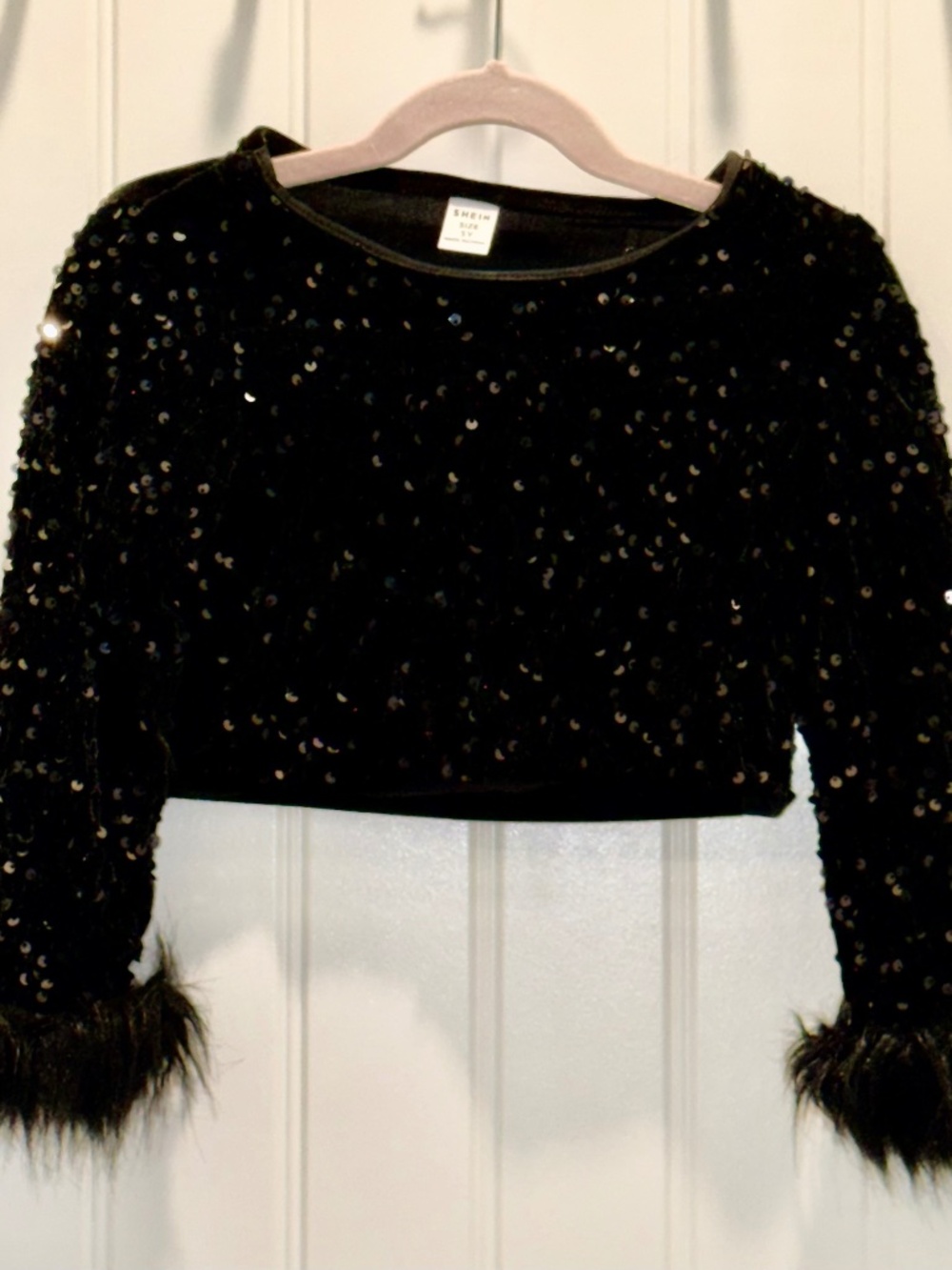 SHEIN Girls Size 5 Black Sequin Feather Sleeve Crop Top